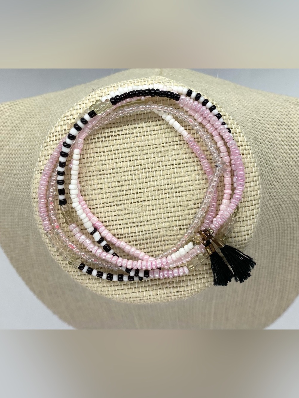 Pink Black Beaded Bracelets Tassel Charm Boho Fall Festival Witchy Whimsigoth